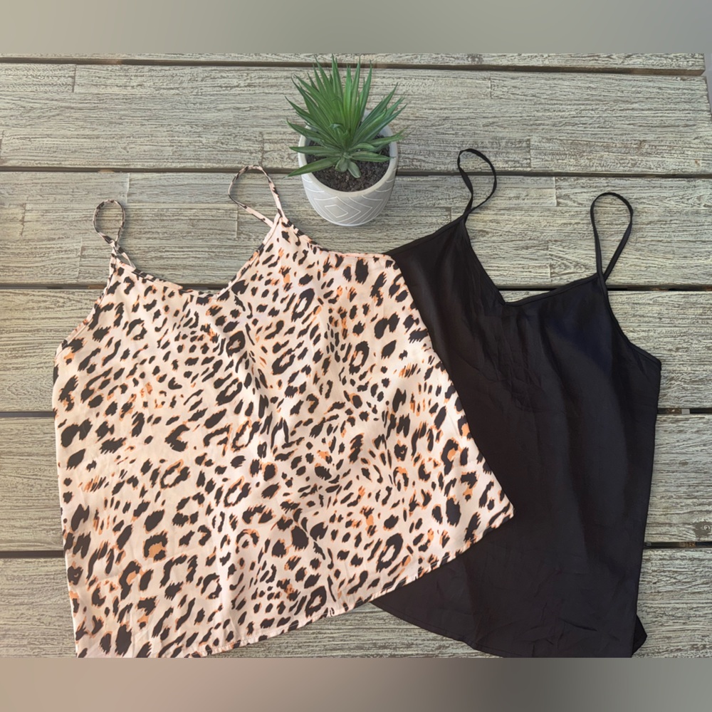 Ekouaer SET of 2 Satin Tank Tops Silk Camisoles, Leopard Print & Black, Medium